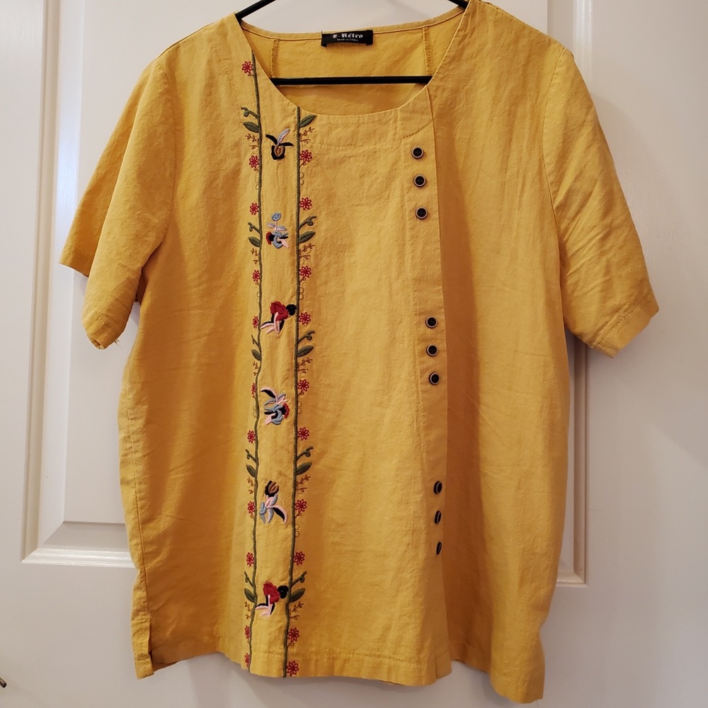 E-RETRO Womens Boho Embroidered Floral Short Sleeve